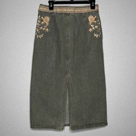 Willi Smith Gray Distressed‎ Faded Tan Embroidery Skirt Size 8 - Picture 10 of 14